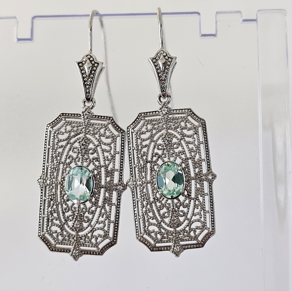 Art Deco Style Green Spinel & White Zircon Earrings Sterling Silver - Picture 3 of 6